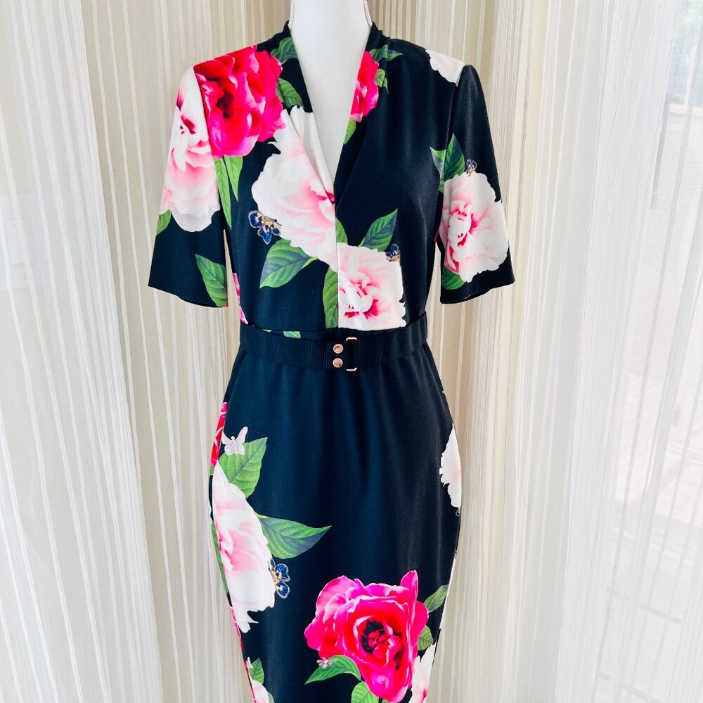 Ted Baker London Black Midi Dress with Pink & White Floral Print